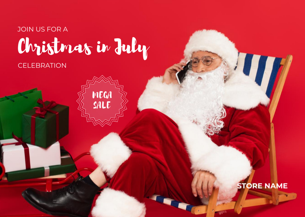 Christmas Sale in July with Santa Claus holding Phone Flyer 5x7in Horizontal Design Template