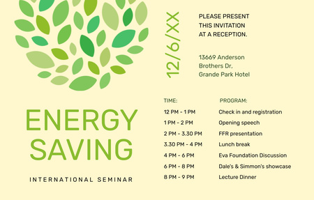 Szablon projektu Seminarium na temat oszczędzania energii z harmonogramem i zielonym wzorem Invitation 4.6x7.2in Horizontal