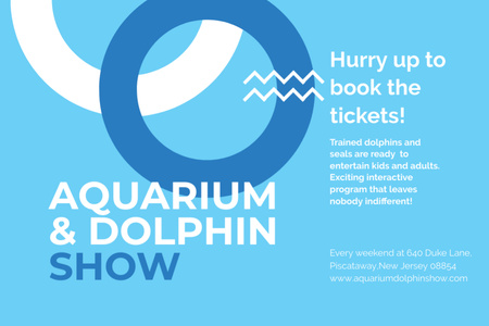 Template di design Annuncio dello spettacolo di acquari e delfini su blu Postcard 4x6in