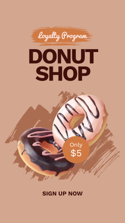 Modèle de visuel Annonce de magasin de beignets avec des beignets en marron - Instagram Story