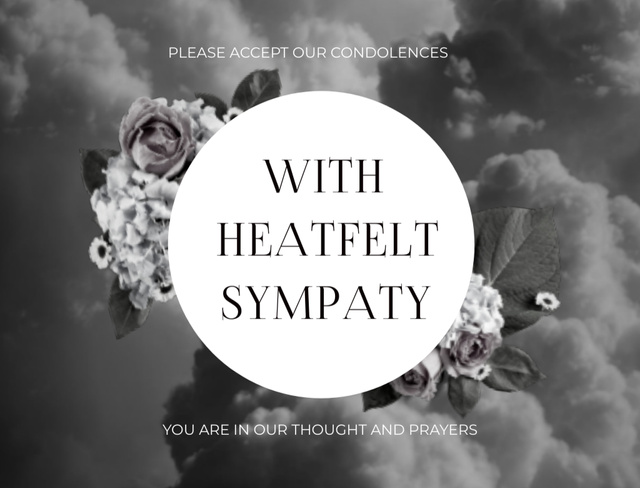 Modèle de visuel Sympathy Phrase with Black and White Flowers in Clouds - Postcard 4.2x5.5in