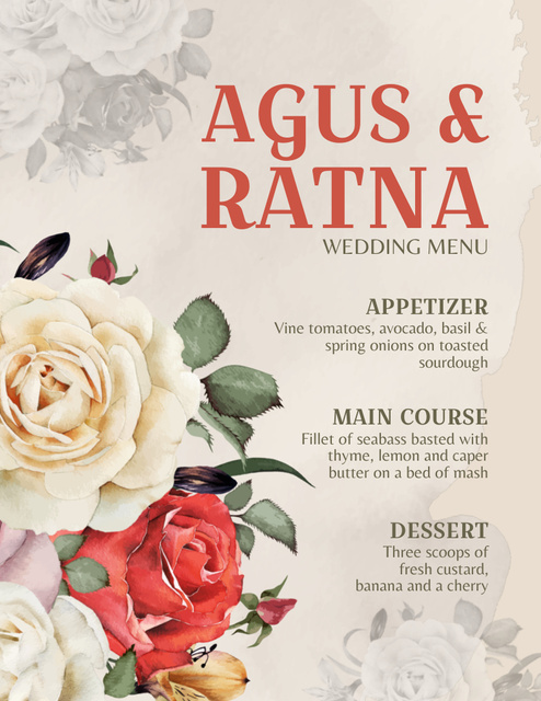 Beige Retro List of Wedding Appetizers Menu 8.5x11in Design Template