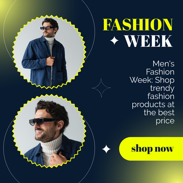 Ontwerpsjabloon van Instagram van Fashion Week Announcement With Man In Glasses