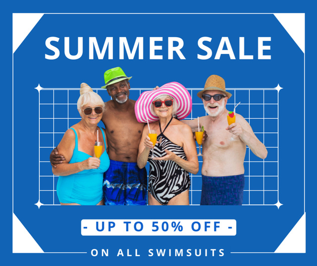 Fancy Senior People Having Beach Party on Swimsuits Sale Ad Facebookデザインテンプレート