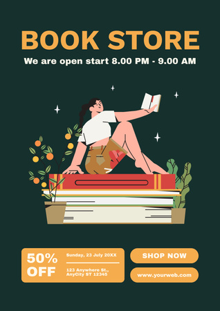 Bookstore Ad with Illustration of Reader Poster Design Template