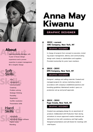 Szablon projektu CV dla projektanta graficznego z Afroamerykanką Resume