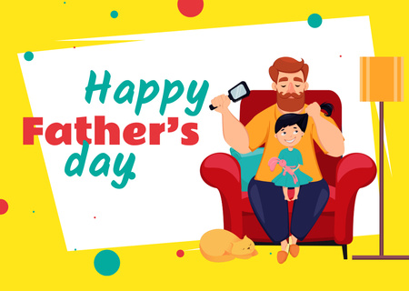 Father's Day Greeting with Dad Brushing Daughter's Hair Postcard Design Template