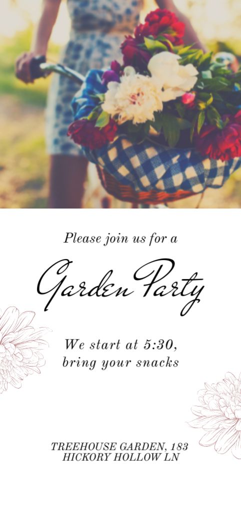 Plantilla de diseño de Garden Party Announcement with Girl riding Bicycle with Flowers Flyer DIN Large 