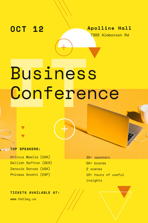 Business Conference Announcement with Laptop in Yellow Pinterest tervezősablon