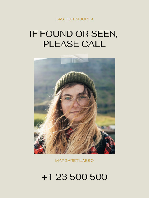 Designvorlage Report of Missing Young Woman In Beige für Poster US