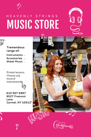 Music Store Ad Woman Selling Guitar Invitation 6x9in Design Template