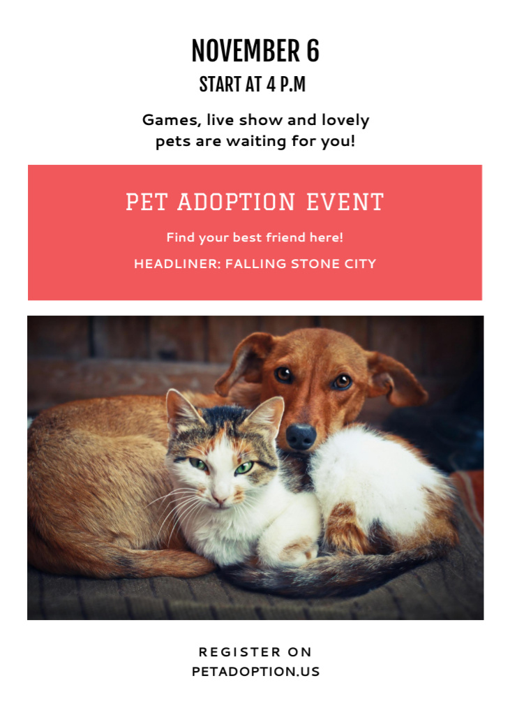 Szablon projektu Seasonal Pet Adoption Event Dog And Cat Hugging Postcard 5x7in Vertical