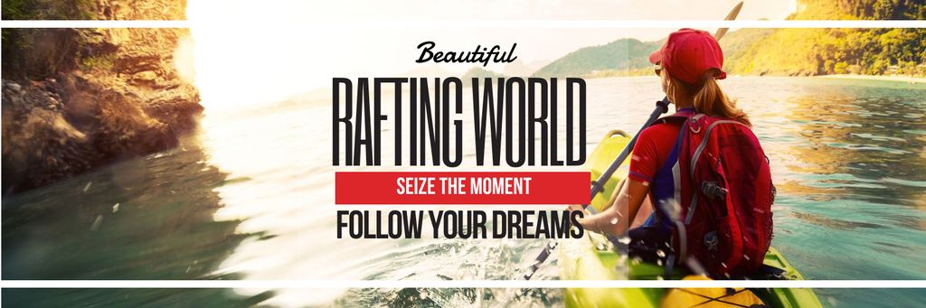 Designvorlage Rafting Tour Invitation with Woman in Boat für Twitter
