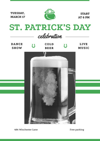 St.Patricks Day Celebration with Glass of cold Beer Poster Design Template