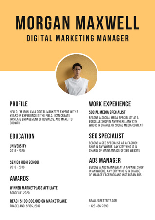 Plantilla de diseño de Skills and Experience of Digital Marketing Manager Resume 