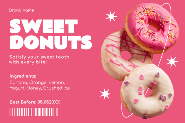 Ontwerpsjabloon van Label van Sweet Donuts With Icing And Fruits