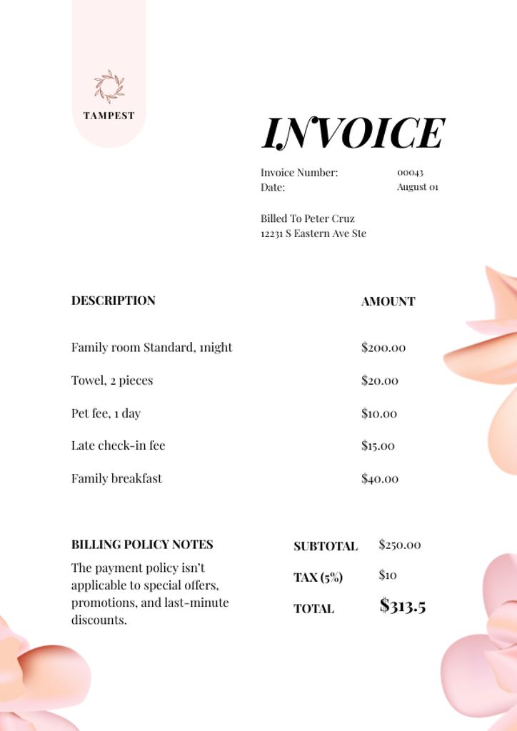 Hotel Services with Floral Pattern Invoice – шаблон для дизайна
