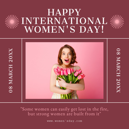 Kansainvälisen naistenpäivän tervehdys iloisen naisen kanssa, jolla on tulppaanit Instagram Design Template