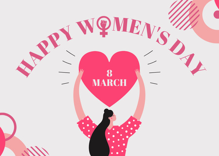 Women's Day Greeting with Woman holding Pink Heart Card Design Template