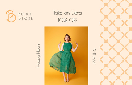 Template di design Negozio di abbigliamento Happy Hours con donna in abito verde Flyer 5.5x8.5in Horizontal