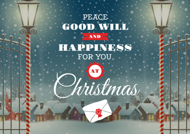 Christmas Greeting with Snowy Night Village Postcard A5 – шаблон для дизайну