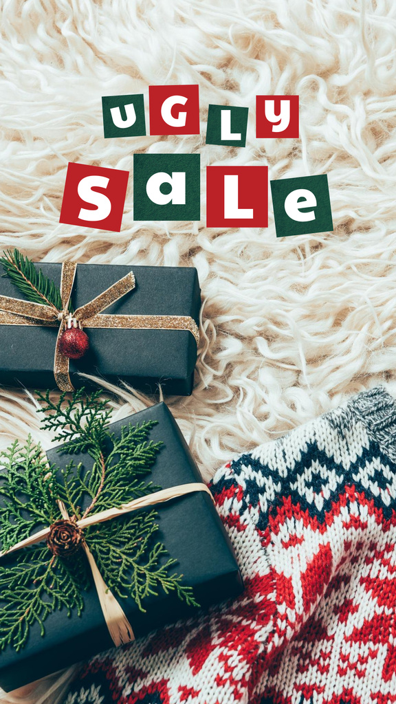 Designvorlage Winter Sale with Cute Sweater and Gift für Instagram Story