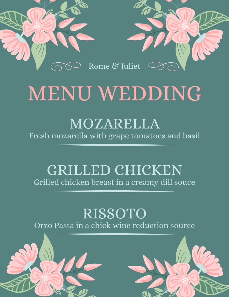 Simple Green and Peach Wedding Appetizers Offer Menu 8.5x11inデザインテンプレート