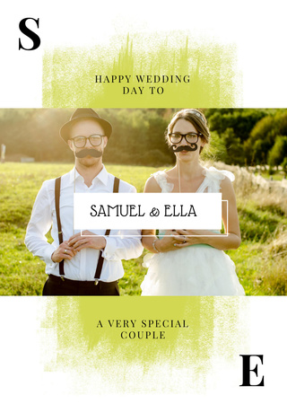 Platilla de diseño Wedding Greeting Newlyweds With Mustache Masks Postcard A6 Vertical
