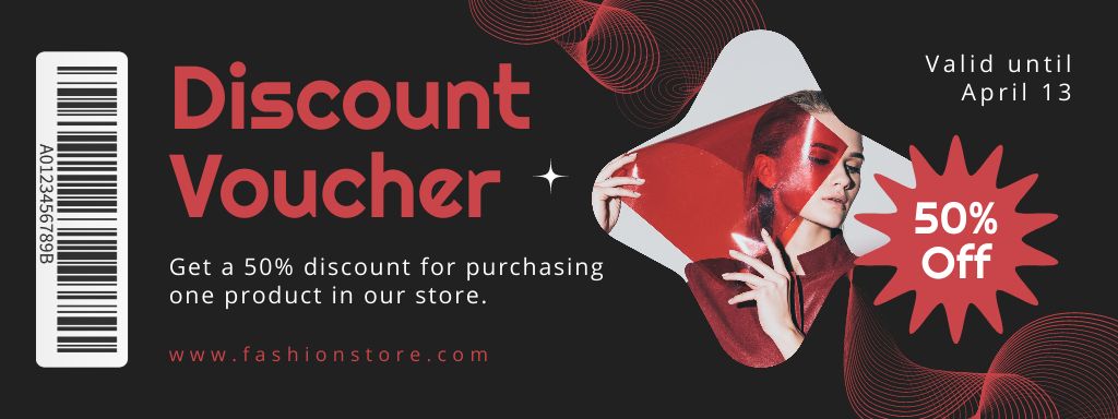 Discount Card with Beautiful Blonde Woman in Red Coupon Design Template