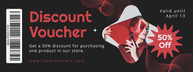 Discount Card with Beautiful Blonde Woman in Red Coupon Πρότυπο σχεδίασης
