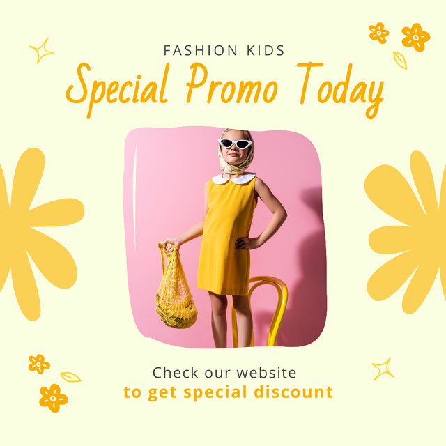 Kids Fashion Clothes Sale Ad with Girl in Yellow Instagram Πρότυπο σχεδίασης