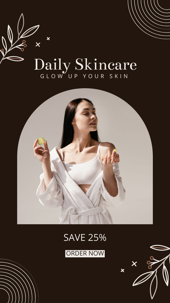 Daily Skincare Sale Offer with Young Lady in White Clothing Instagram Story Modelo de Design