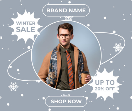 Designvorlage Winter Sale Announcement with Man in Glasses für Facebook