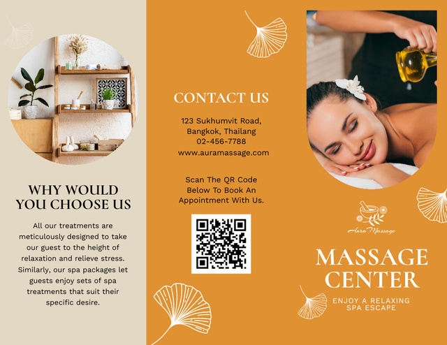 Massage Center Ad with Smiling Woman and Collage Brochure 8.5x11inデザインテンプレート