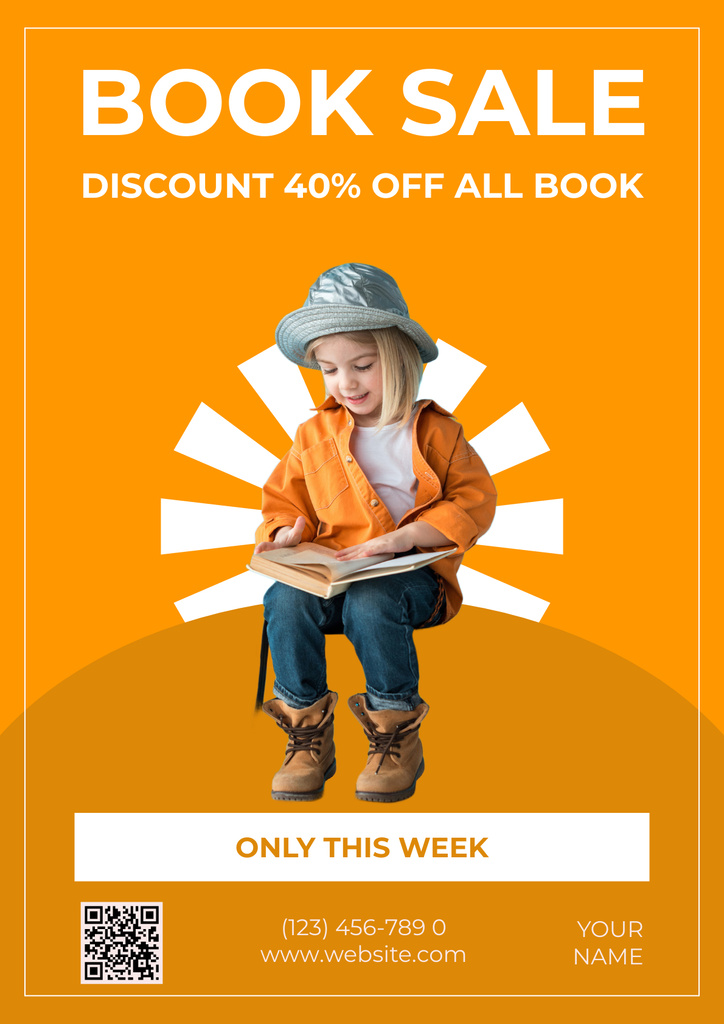 Books Sale Announcement with Cute Reading Girl Poster – шаблон для дизайну