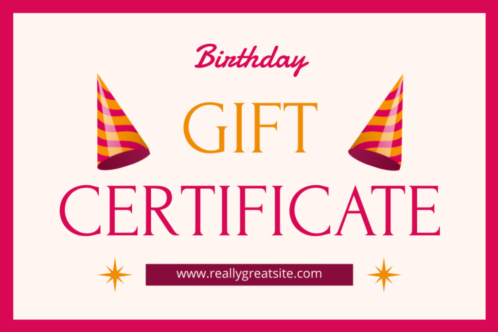 Designvorlage Birthday Gift Voucher with Bright Celebration Caps für Gift Certificate