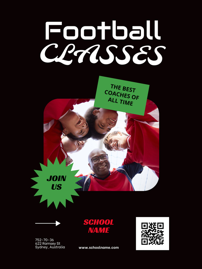 Football Classes Ad with Boys and Coach Poster US Modelo de Design