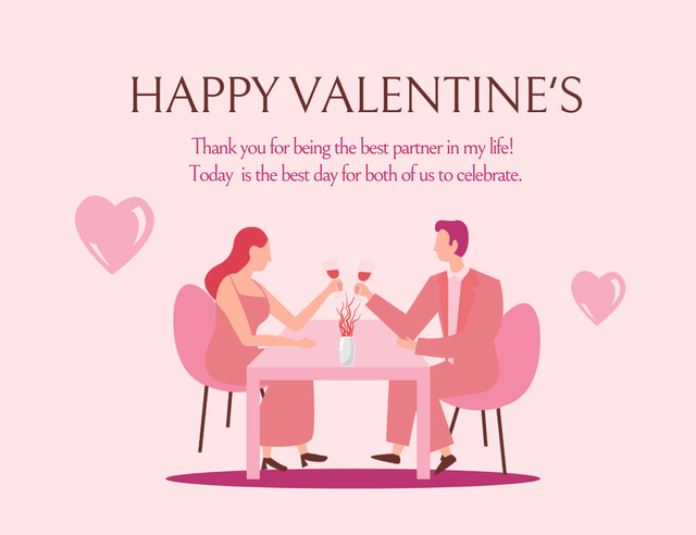 Couple in Love Celebrates Valentine's Day in Restaurant Thank You Card 5.5x4in Horizontal Design Template