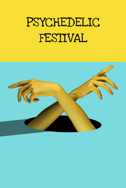 Psychedelic Festival Announcement on Blue and Yellow Postcard 4x6in Vertical Modelo de Design
