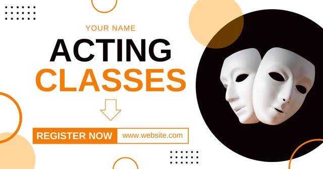 Acting Classes Registration with 3D Theater Masks Facebook ADデザインテンプレート