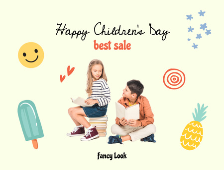 Platilla de diseño Children's Day with Cheerful Little Children Reading Books Postcard 4.2x5.5in