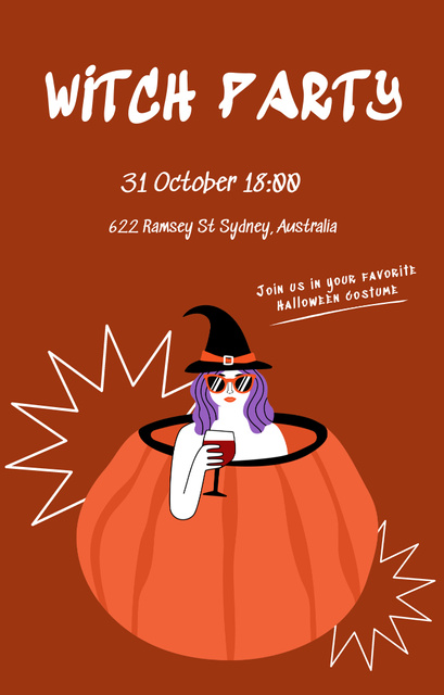 Designvorlage Halloween Party Announcement With Witch sitting in Pumpkin für Invitation 4.6x7.2in