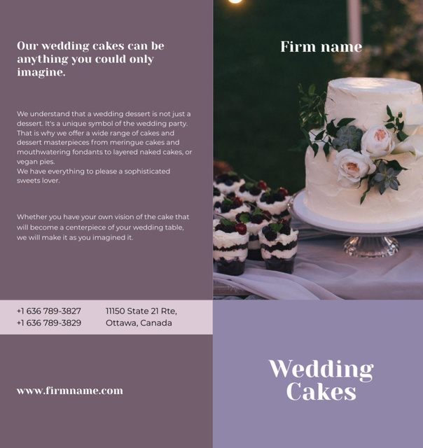 Delicious Wedding Cakes Offer in Purple Brochure Din Large Bi-fold Šablona návrhu