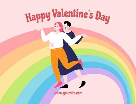 Happy Valentine's Day Greetings With Lesbian Couple Thank You Card 5.5x4in Horizontal Design Template