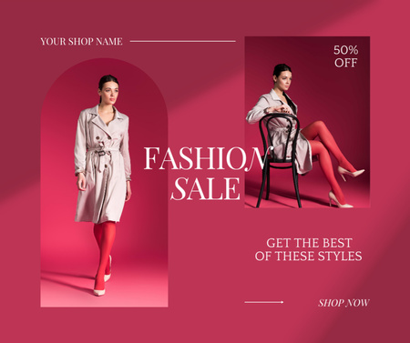 Designvorlage Modeverkaufsanzeige mit Frau im stilvollen Trenchcoat für Facebook