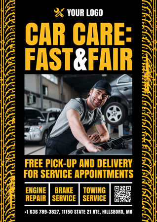 Repair Offer with Mechanic in Car Service Poster Design Template