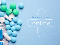Medicaments Ad with Pills on Blue Surface