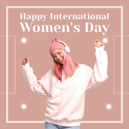 Women's Day Greeting with Happy Woman in Headphones Instagram Design Template