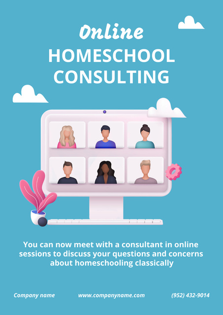 Ontwerpsjabloon van Poster van Homeschooling Consulting Services with Students on Screen