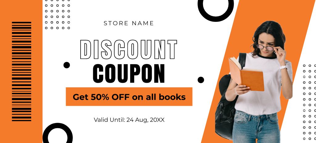 Template di design Books Discount Voucher with Smart Woaman Coupon 3.75x8.25in